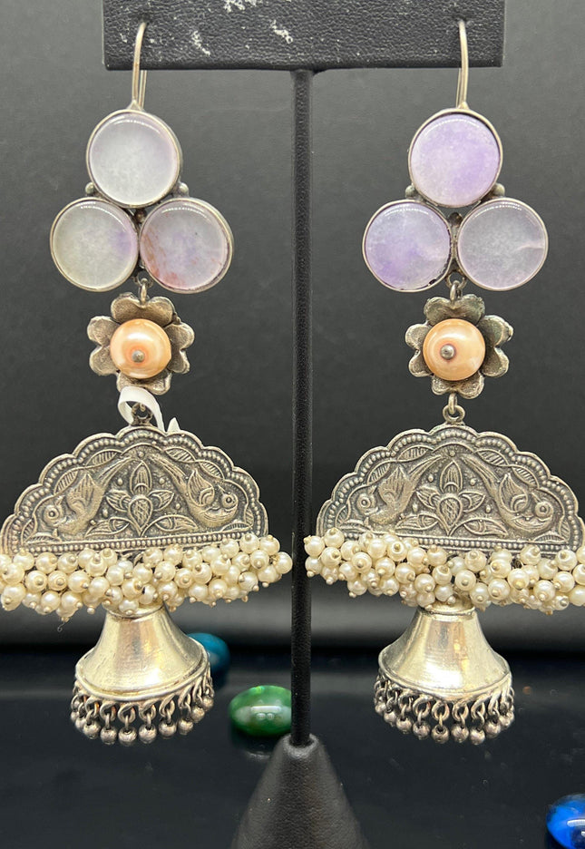Handcrafted silver lookalike earrings with natural water stone - Kurti Connection USA