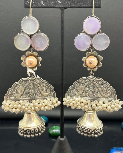 Handcrafted silver lookalike earrings with natural water stone - Kurti Connection USA
