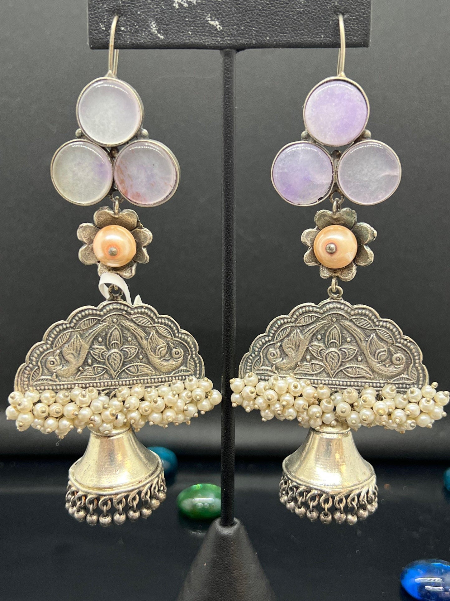 Handcrafted silver lookalike earrings with natural water stone