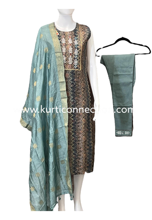 Chanderi silk suit with stretchable pant - Kurti Connection USA
