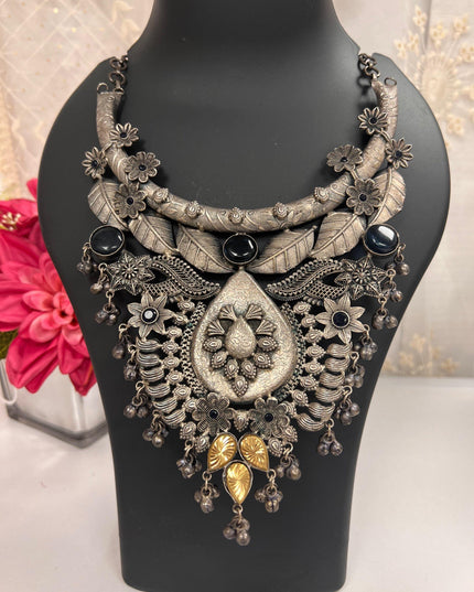 Oxidized silver necklace / statement piece - Kurti Connection USA