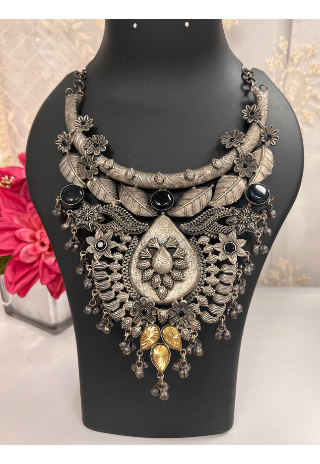 Oxidized silver necklace / statement piece - Kurti Connection USA