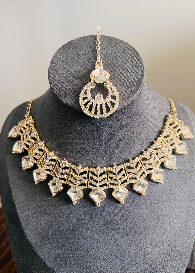 Kundan Necklace Set Gold Plated | Indian Bridal Polki Jewelry | Wedding Necklace Earrings & Maang Tikka | Ethnic Festive Jewelry