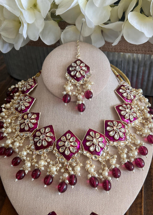 Kundan Necklace Set Gold Plated | Indian Bridal Polki Jewelry | Wedding Necklace Earrings & Maang Tikka | Ethnic Festive Jewelry