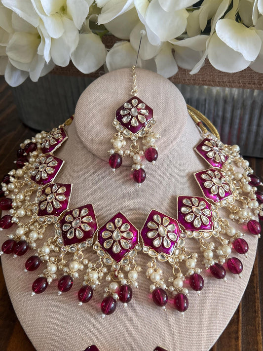 Kundan Necklace Set Gold Plated | Indian Bridal Polki Jewelry | Wedding Necklace Earrings & Maang Tikka | Ethnic Festive Jewelry