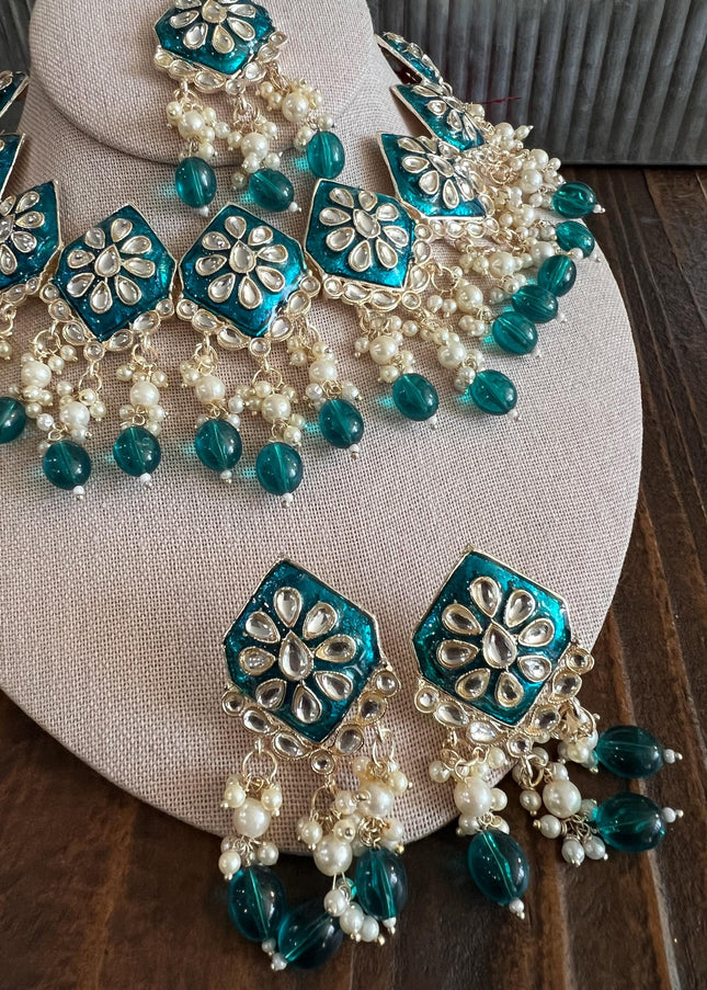 Kundan Necklace Set Gold Plated | Indian Bridal Polki Jewelry | Wedding Necklace Earrings & Maang Tikka | Ethnic Festive Jewelry