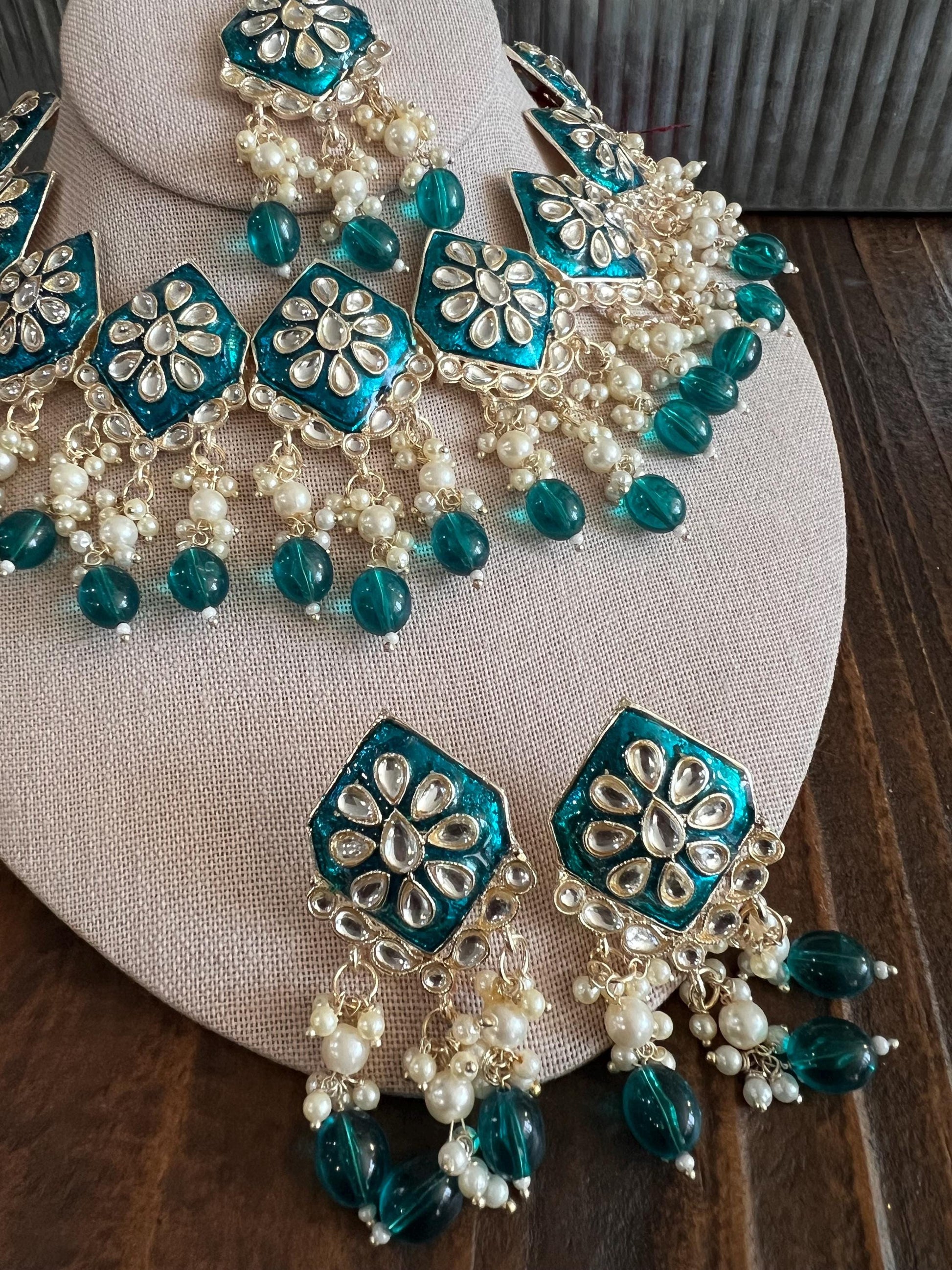 Kundan Necklace Set Gold Plated | Indian Bridal Polki Jewelry | Wedding Necklace Earrings & Maang Tikka | Ethnic Festive Jewelry by Etsy