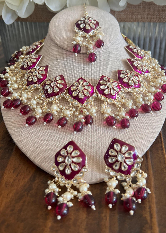 Kundan Necklace Set Gold Plated | Indian Bridal Polki Jewelry | Wedding Necklace Earrings & Maang Tikka | Ethnic Festive Jewelry