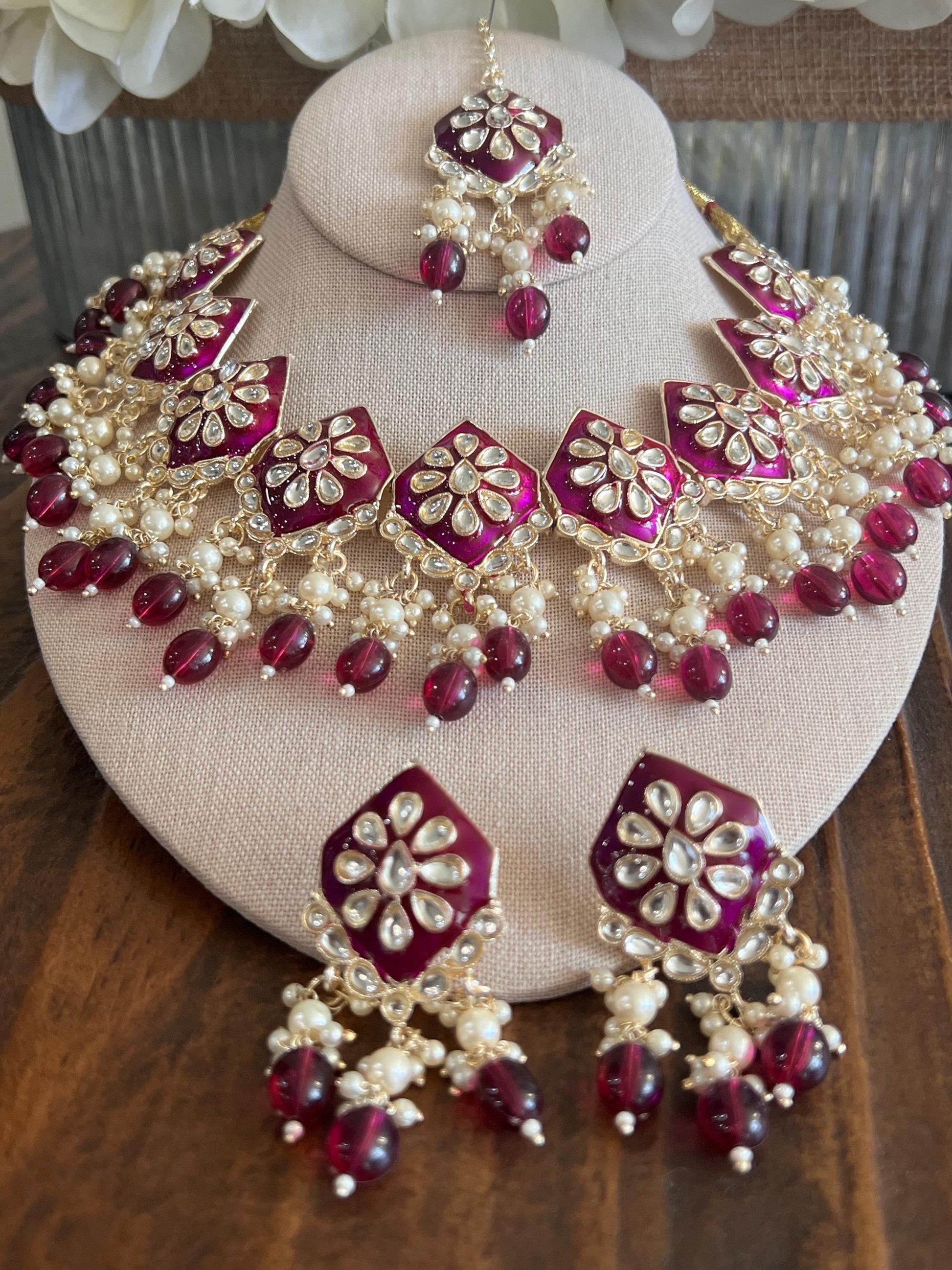 Kundan Necklace Set Gold Plated | Indian Bridal Polki Jewelry | Wedding Necklace Earrings & Maang Tikka | Ethnic Festive Jewelry by Etsy