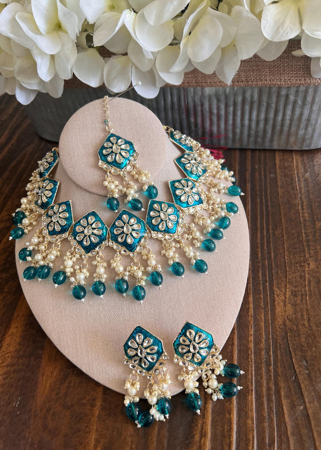 Kundan Necklace Set Gold Plated | Indian Bridal Polki Jewelry | Wedding Necklace Earrings & Maang Tikka | Ethnic Festive Jewelry