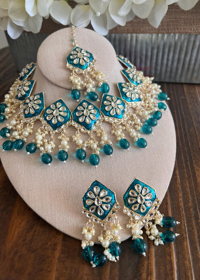 Kundan Necklace Set Gold Plated | Indian Bridal Polki Jewelry | Wedding Necklace Earrings & Maang Tikka | Ethnic Festive Jewelry