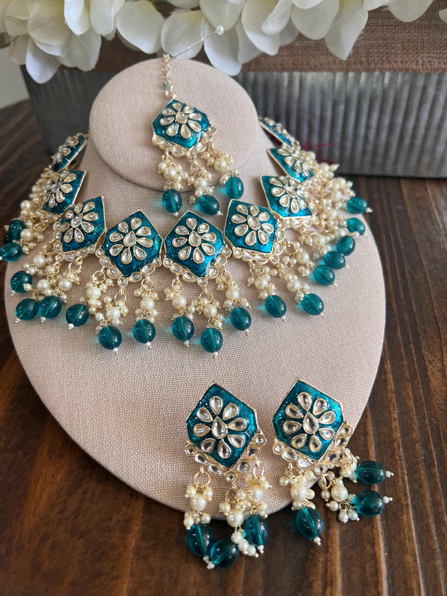 Kundan Necklace Set Gold Plated | Indian Bridal Polki Jewelry | Wedding Necklace Earrings & Maang Tikka | Ethnic Festive Jewelry by Etsy