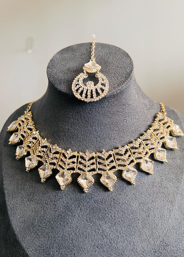 Kundan Necklace Set Gold Plated | Indian Bridal Polki Jewelry | Wedding Necklace Earrings & Maang Tikka | Ethnic Festive Jewelry