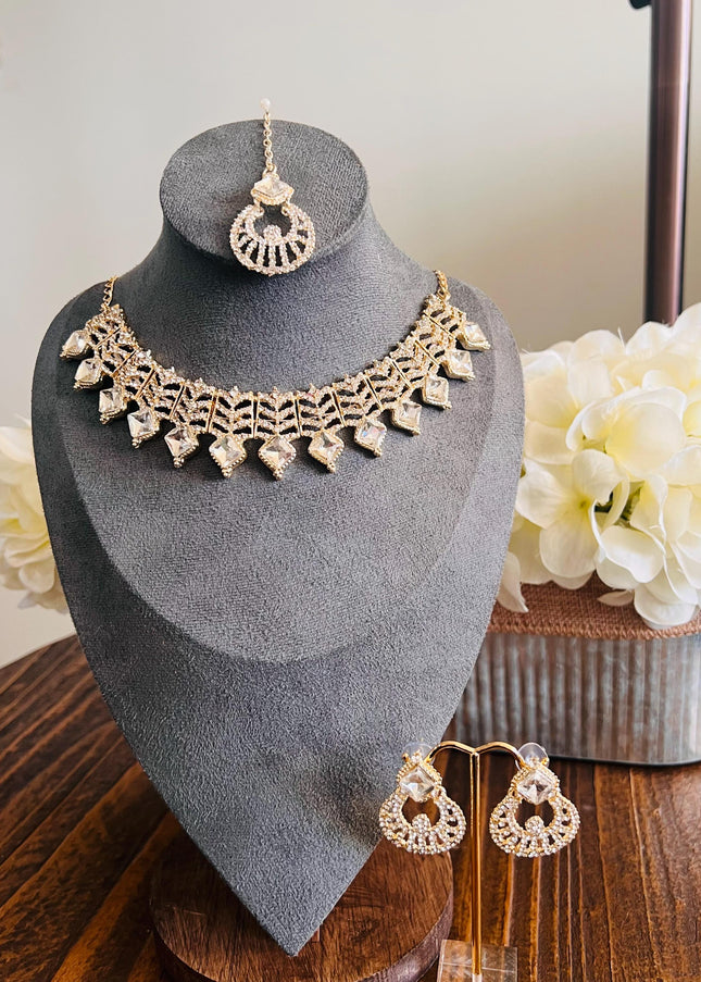 Kundan Necklace Set Gold Plated | Indian Bridal Polki Jewelry | Wedding Necklace Earrings & Maang Tikka | Ethnic Festive Jewelry