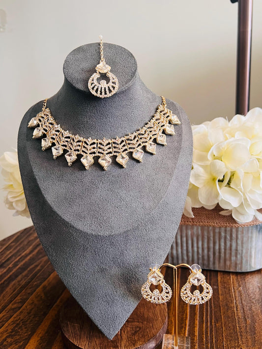Kundan Necklace Set Gold Plated | Indian Bridal Polki Jewelry | Wedding Necklace Earrings & Maang Tikka | Ethnic Festive Jewelry