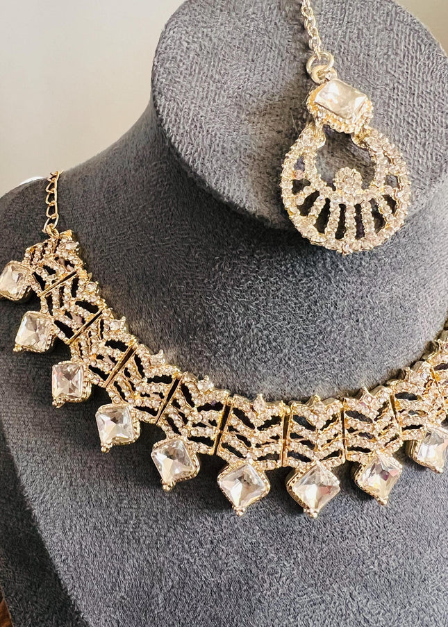 Kundan Necklace Set Gold Plated | Indian Bridal Polki Jewelry | Wedding Necklace Earrings & Maang Tikka | Ethnic Festive Jewelry