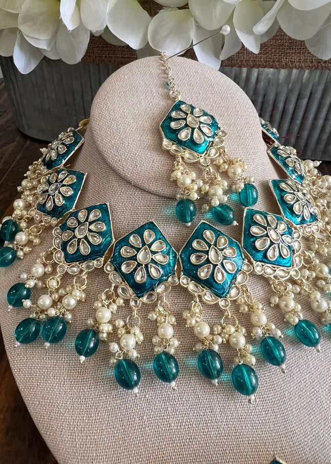 Kundan Necklace Set Gold Plated | Indian Bridal Polki Jewelry | Wedding Necklace Earrings & Maang Tikka | Ethnic Festive Jewelry