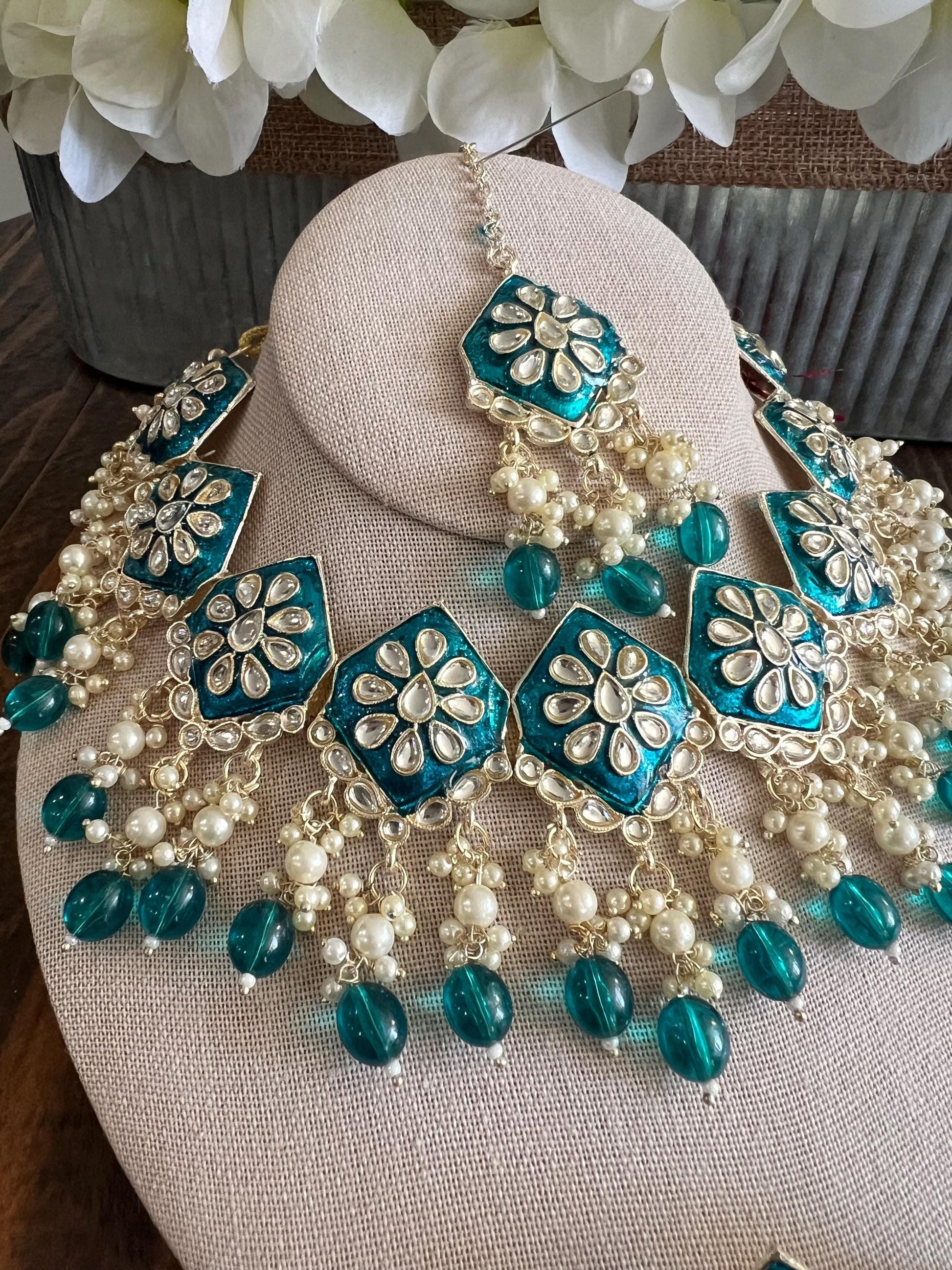 Kundan Necklace Set Gold Plated | Indian Bridal Polki Jewelry | Wedding Necklace Earrings & Maang Tikka | Ethnic Festive Jewelry by Etsy