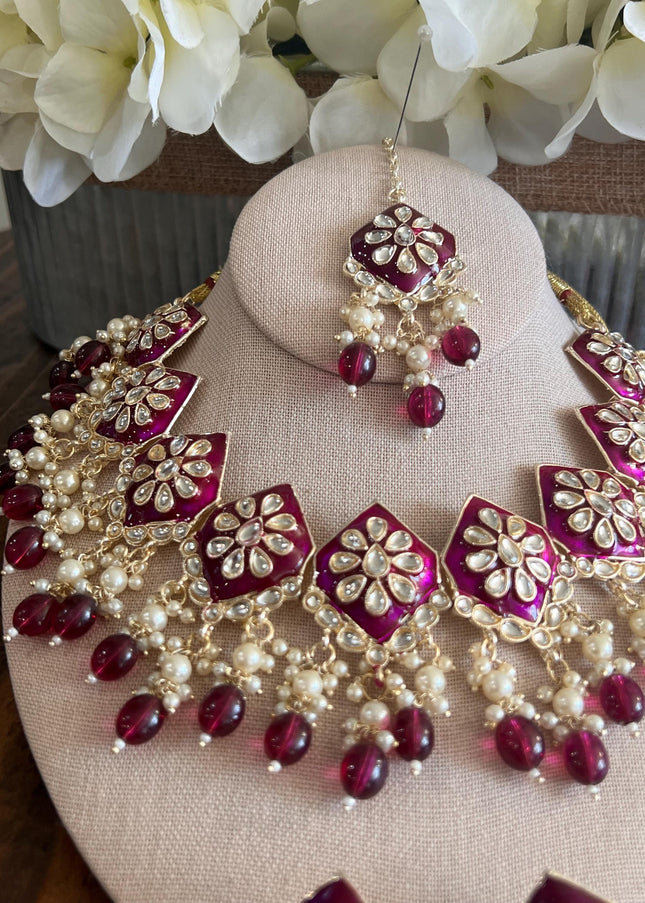 Kundan Necklace Set Gold Plated | Indian Bridal Polki Jewelry | Wedding Necklace Earrings & Maang Tikka | Ethnic Festive Jewelry