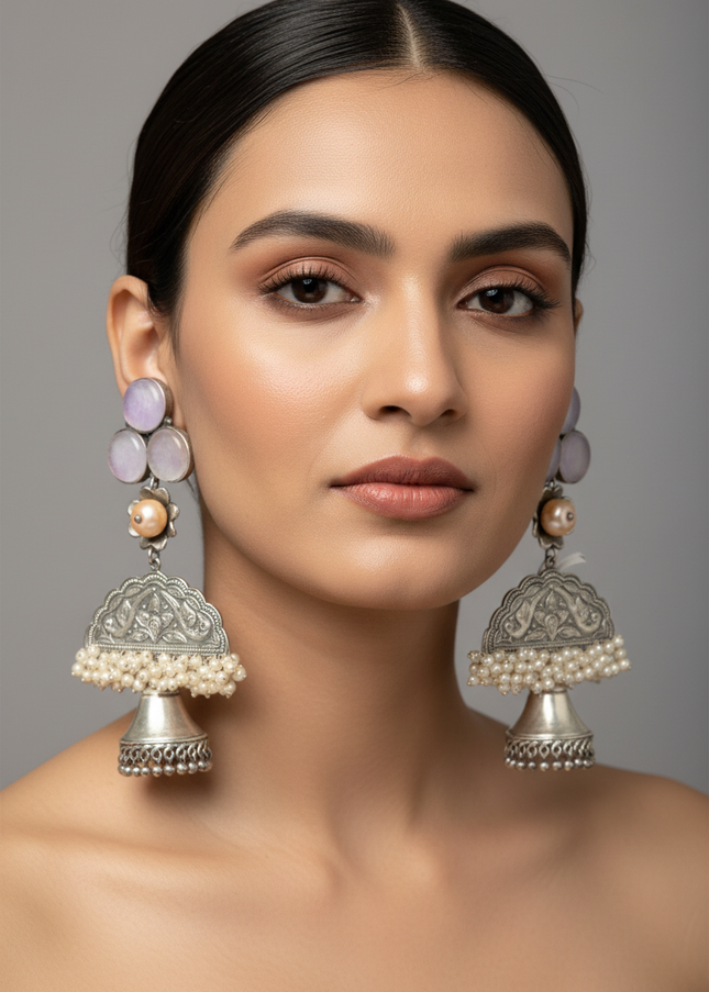 Handcrafted silver lookalike earrings with natural water stone