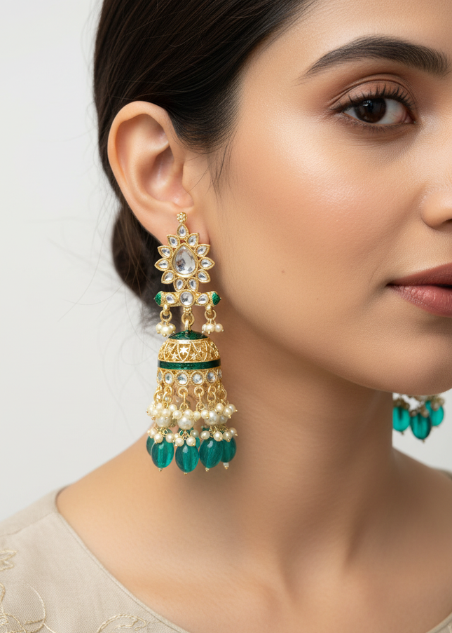 Meenakari Kundan earrings: Rama green