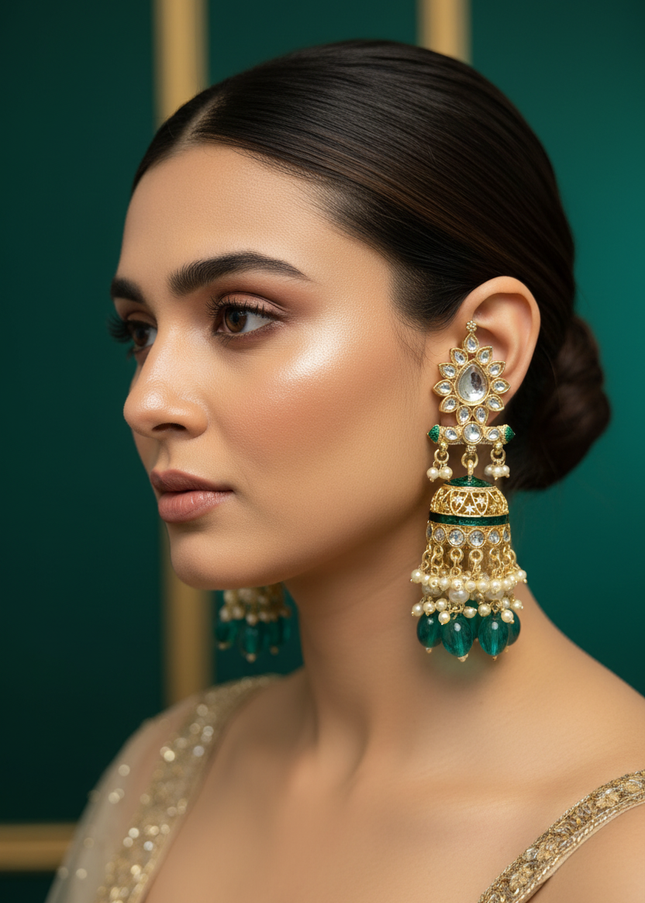 Meenakari Kundan earrings: Rama green