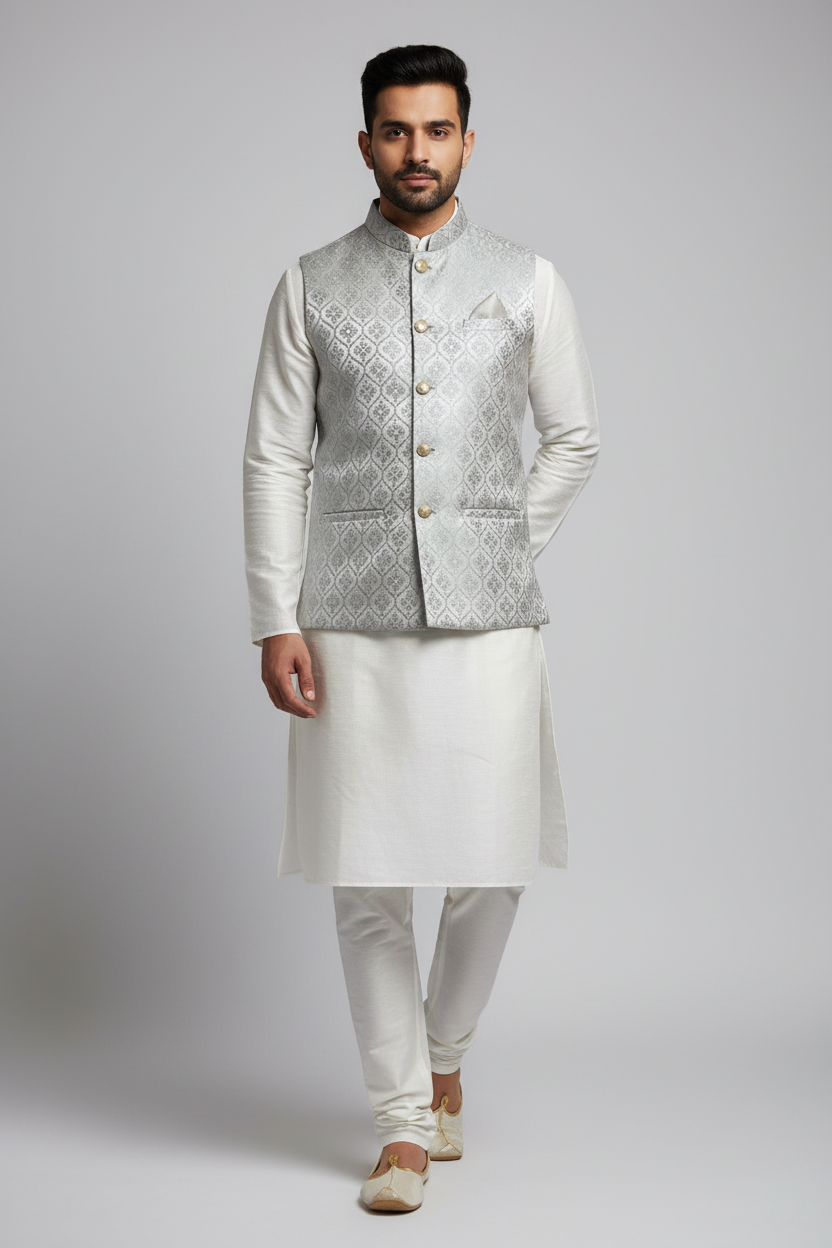 Silk vests for men | half jacket / kurta : Grey by Kurti Connection USA