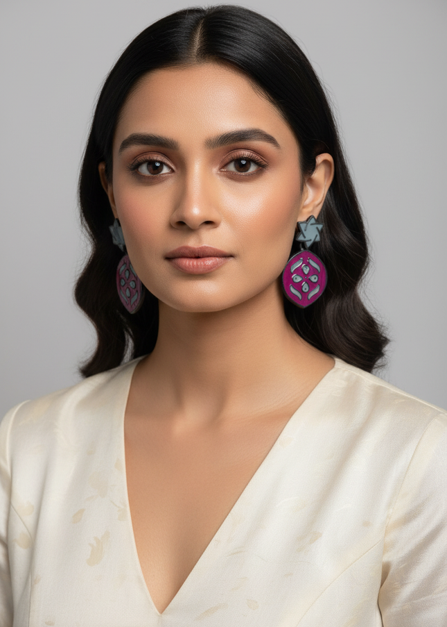 Hand painted earrings: pink and grey