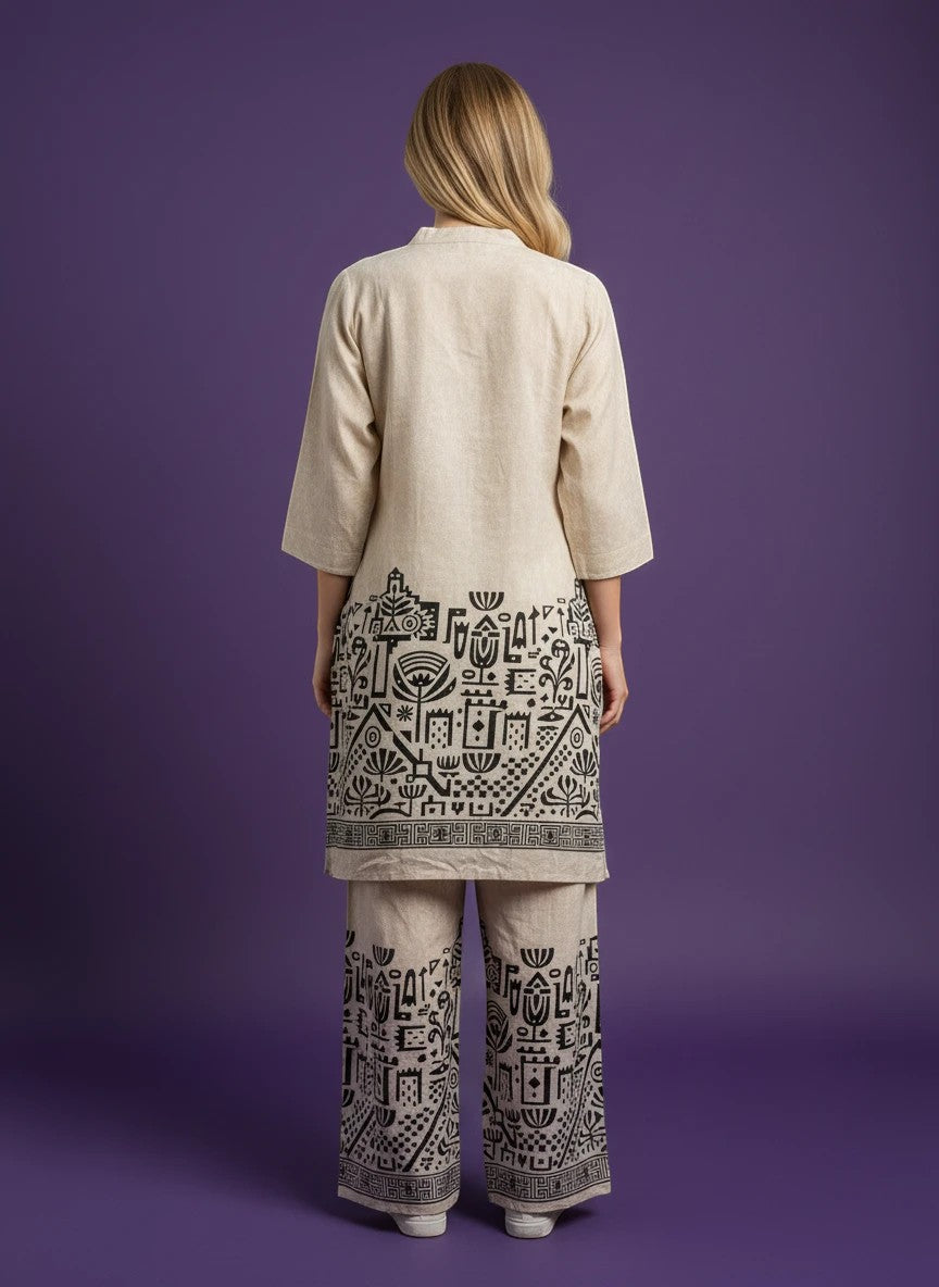 Back view of Kurti Connection USA beige kurti and pant set with black geometric botanical print on a purple background