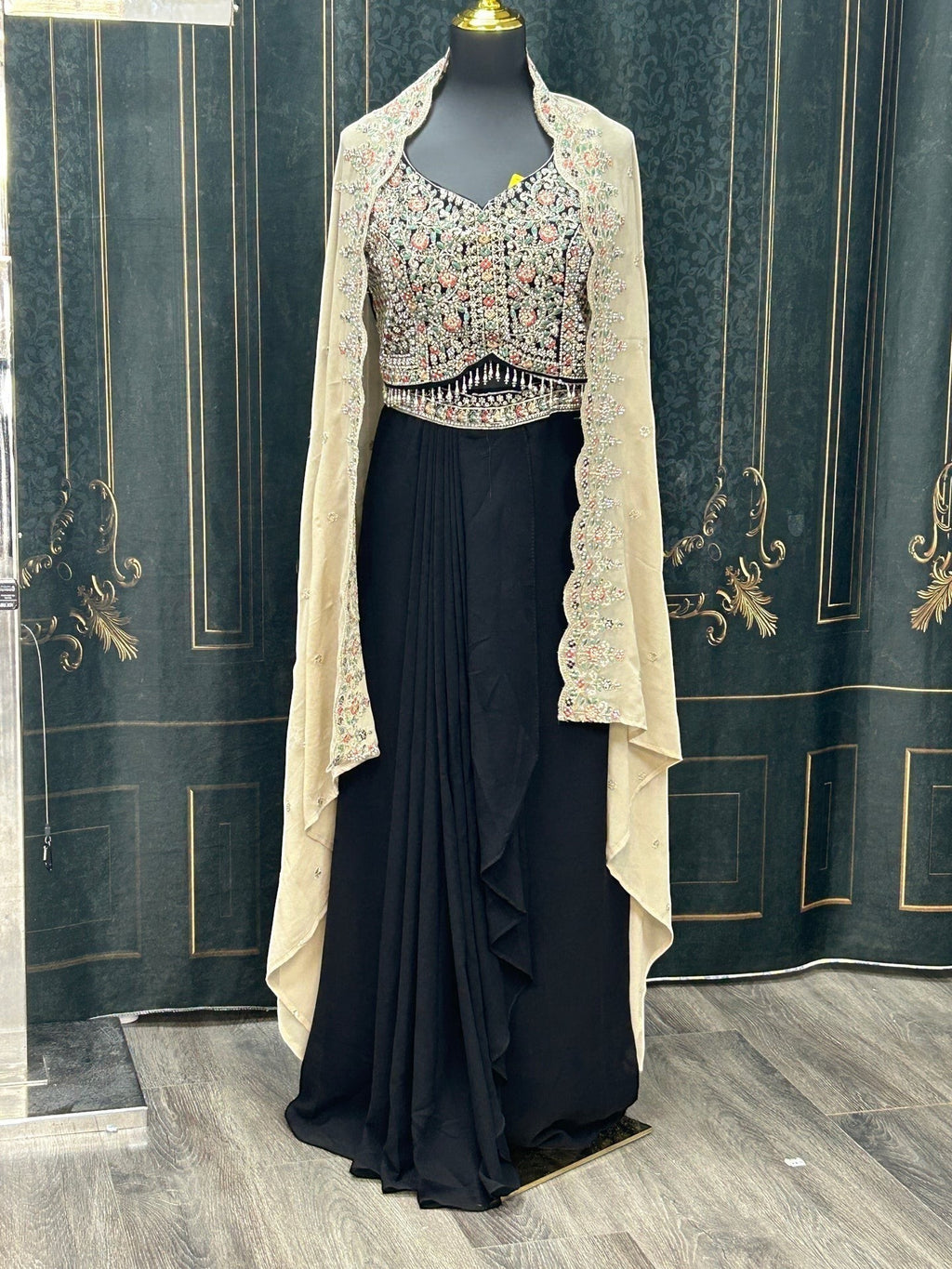 Kurti Connection USA black ethnic gown with embroidered bodice and sheer neutral cape for formal events