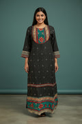 Kurti Connection USA black maxi dress with embroidered neckline and hem, featuring a subtle all-over print and contrasting border details.