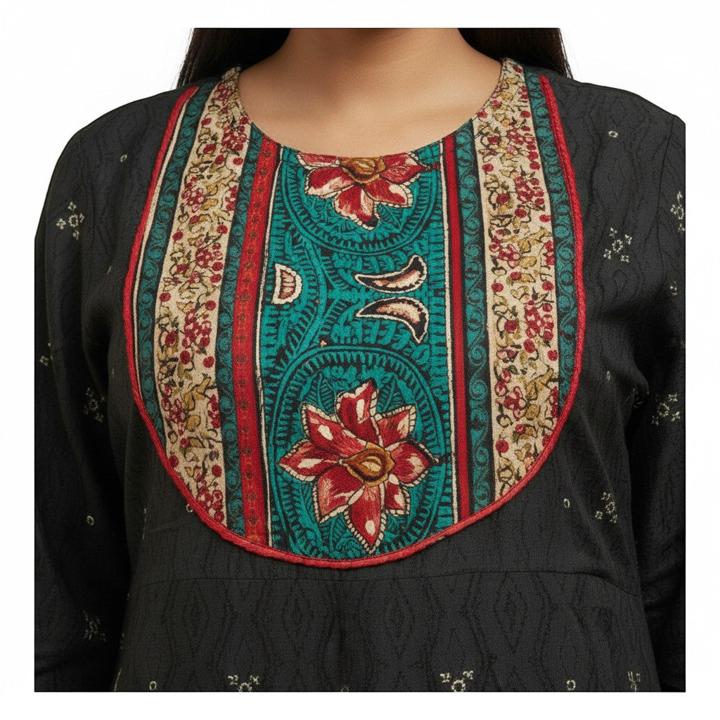 Kurti Connection USA black maxi dress with embroidered neckline featuring floral and geometric patterns in red, teal, and cream.