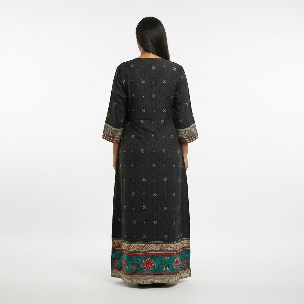 Kurti Connection USA black maxi dress with all-over print, embroidered neckline, and contrasting border detail.