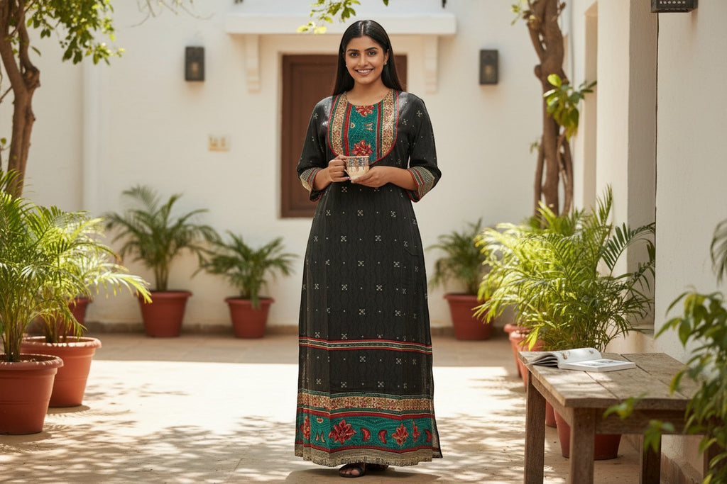 Kurti Connection USA black maxi dress with embroidered neckline and hem, featuring a subtle all-over print and contrasting border details.