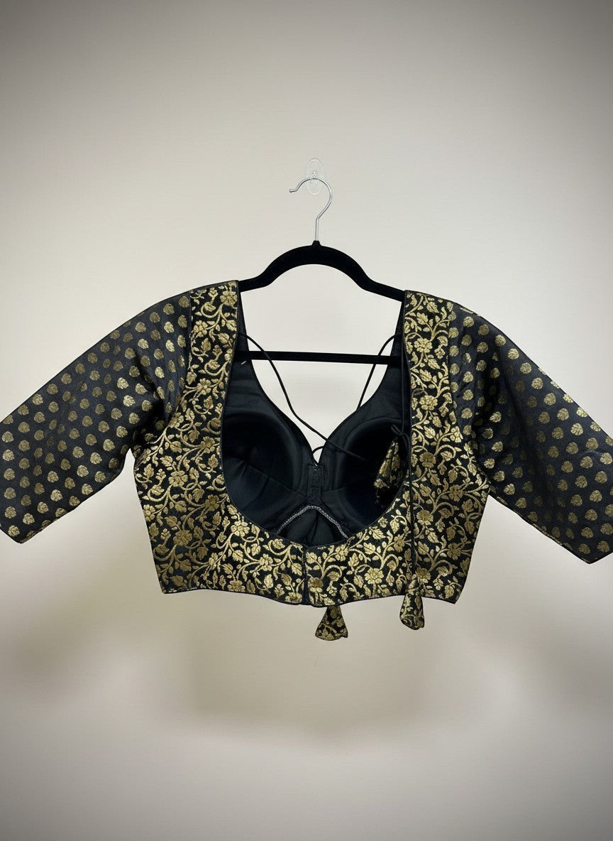 Kurti Connection USA black and gold brocade blouse with floral embroidery and sweetheart neckline. Short sleeves.