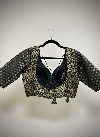 Kurti Connection USA black and gold brocade blouse with floral embroidery and sweetheart neckline. Short sleeves.