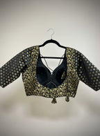 Kurti Connection USA black and gold brocade blouse with floral embroidery and sweetheart neckline. Short sleeves.
