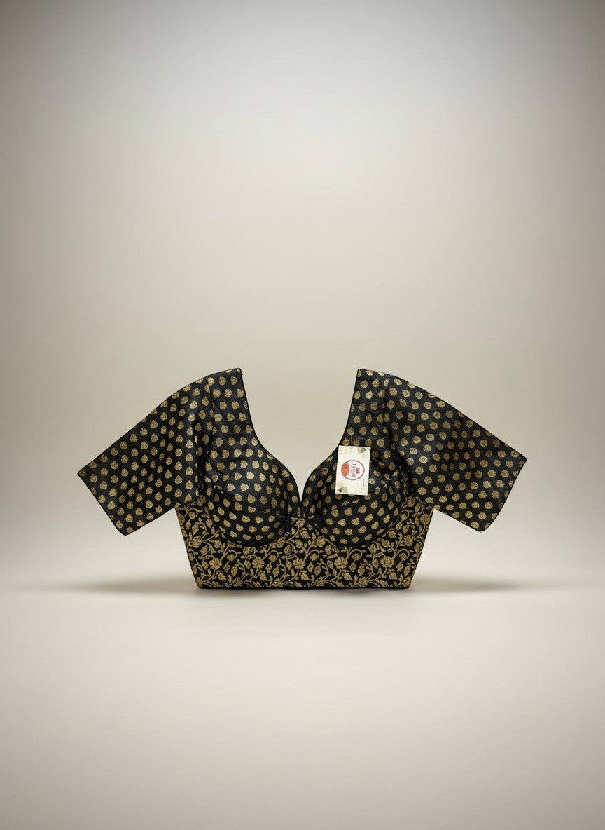 Kurti Connection USA black and gold brocade blouse with floral embroidery and sweetheart neckline.