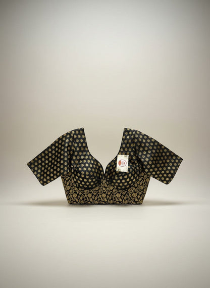Kurti Connection USA black and gold brocade blouse with floral embroidery and sweetheart neckline.