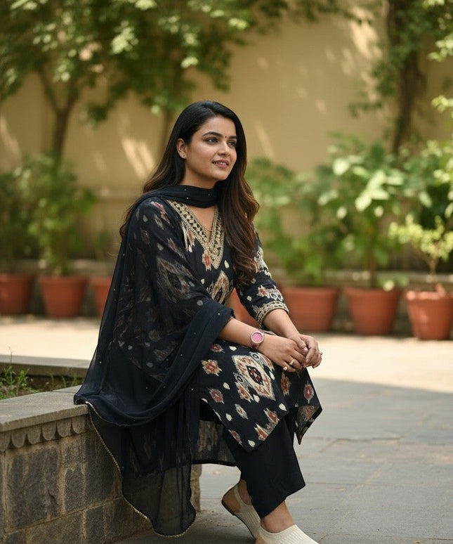 Kurti Connection USA black printed kurta set with pants and dupatta, featuring intricate neckline detailing and gold border.