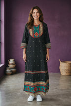 Kurti Connection USA black rayon cotton nighty with embroidered neckline and floral border