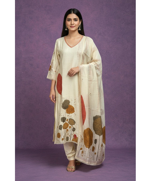 Kurti Connection USA cream botanical print kurta set with rust, brown, ochre tones, V-neck, lace trim, and dupatta.