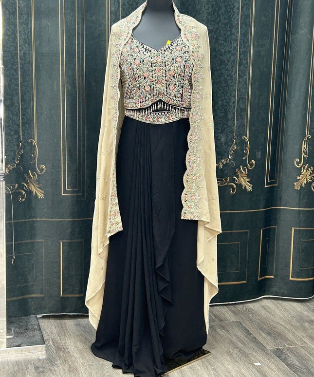 Kurti Connection USA black ethnic gown with floral embroidered bodice and sheer neutral cape on a mannequin
