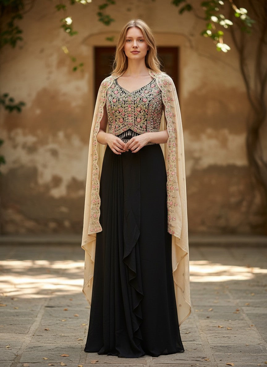 Kurti Connection USA black ethnic gown with floral embroidered bodice and sheer neutral cape worn by a blonde model