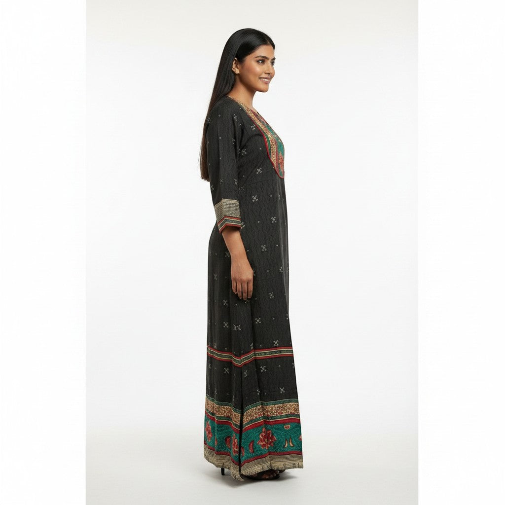 Kurti Connection USA dark grey maxi dress with embroidered neckline and hem, 3/4 sleeves, and all-over print.