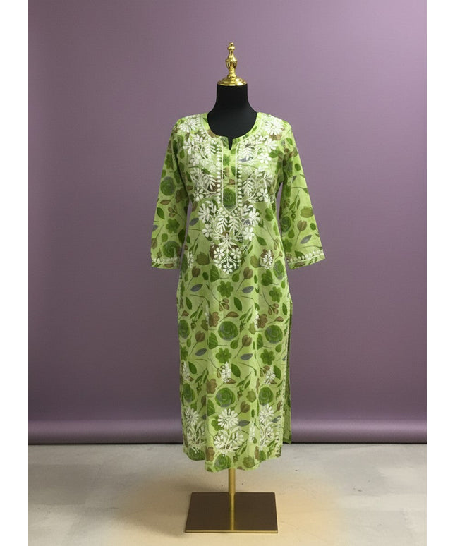 Kurti Connection USA light green cotton kurti with white Chikankari embroidery and floral print. Long sleeves, round neck.