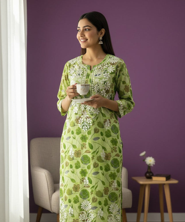 Kurti Connection USA light green cotton kurti with white Chikankari embroidery and floral print.