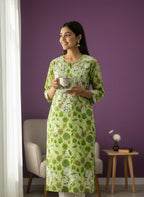 Kurti Connection USA light green cotton kurti with white Chikankari embroidery and floral print.