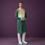 Kurti Connection USA men's mehandi green kurta set with white pants, featuring an ombre effect and white embroidery.