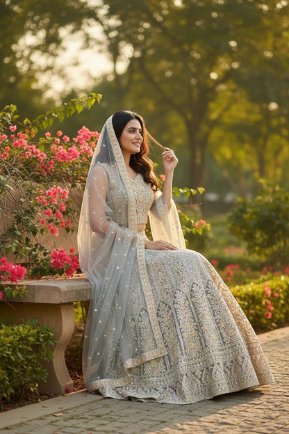 Kurti Connection USA light grey embellished lehenga choli with dupatta, featuring intricate embroidery and sparkling details. Model seated outdoors.